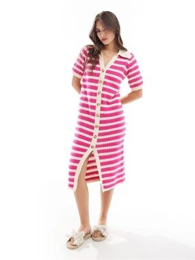 YAS Crochet Button-Front Knit Midi Dress in Hot Pink & Cream vacay beach summer
